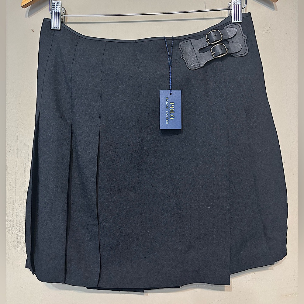 POLO RALPH LAUREN NWT Pleated Wrap Mini Skirt, Leather Buckle Detail